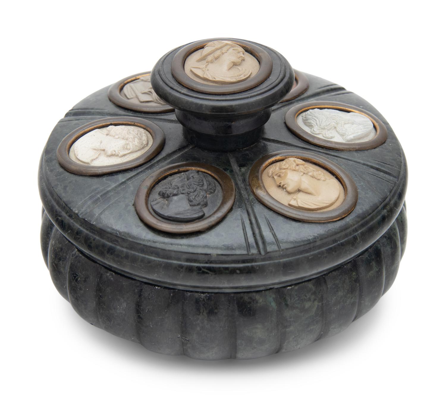 A Grand Tour Intaglio-Inset Marble Inkwell and Cover