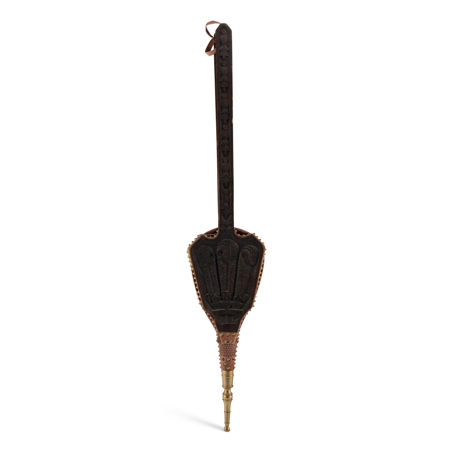 An English Prince-of-Wales Feathers Carved Oak and Leather Bellows