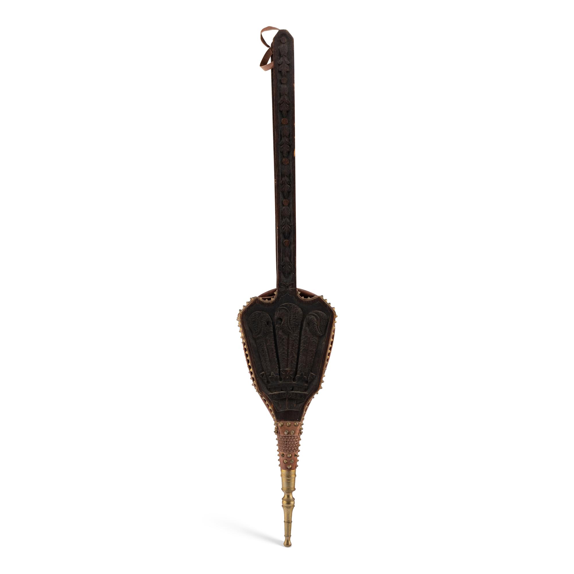 An English Prince-of-Wales Feathers Carved Oak and Leather Bellows