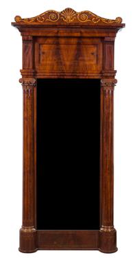 An Edwardian Fruitwood Marquetry Mahogany Mirror Height 67 1/2 x width 31 inches.