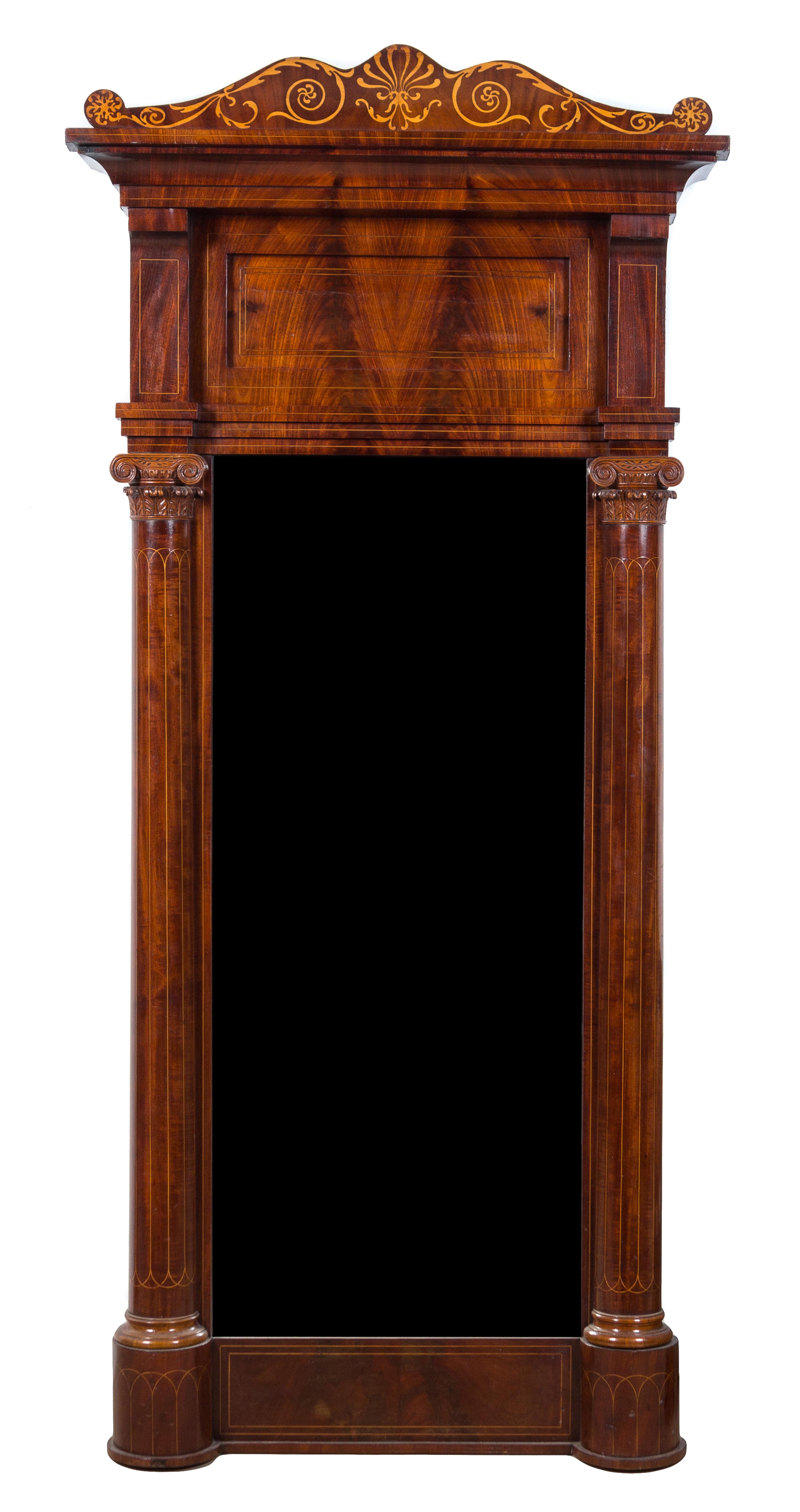An Edwardian Fruitwood Marquetry Mahogany Mirror Height 67 1/2 x width 31 inches.