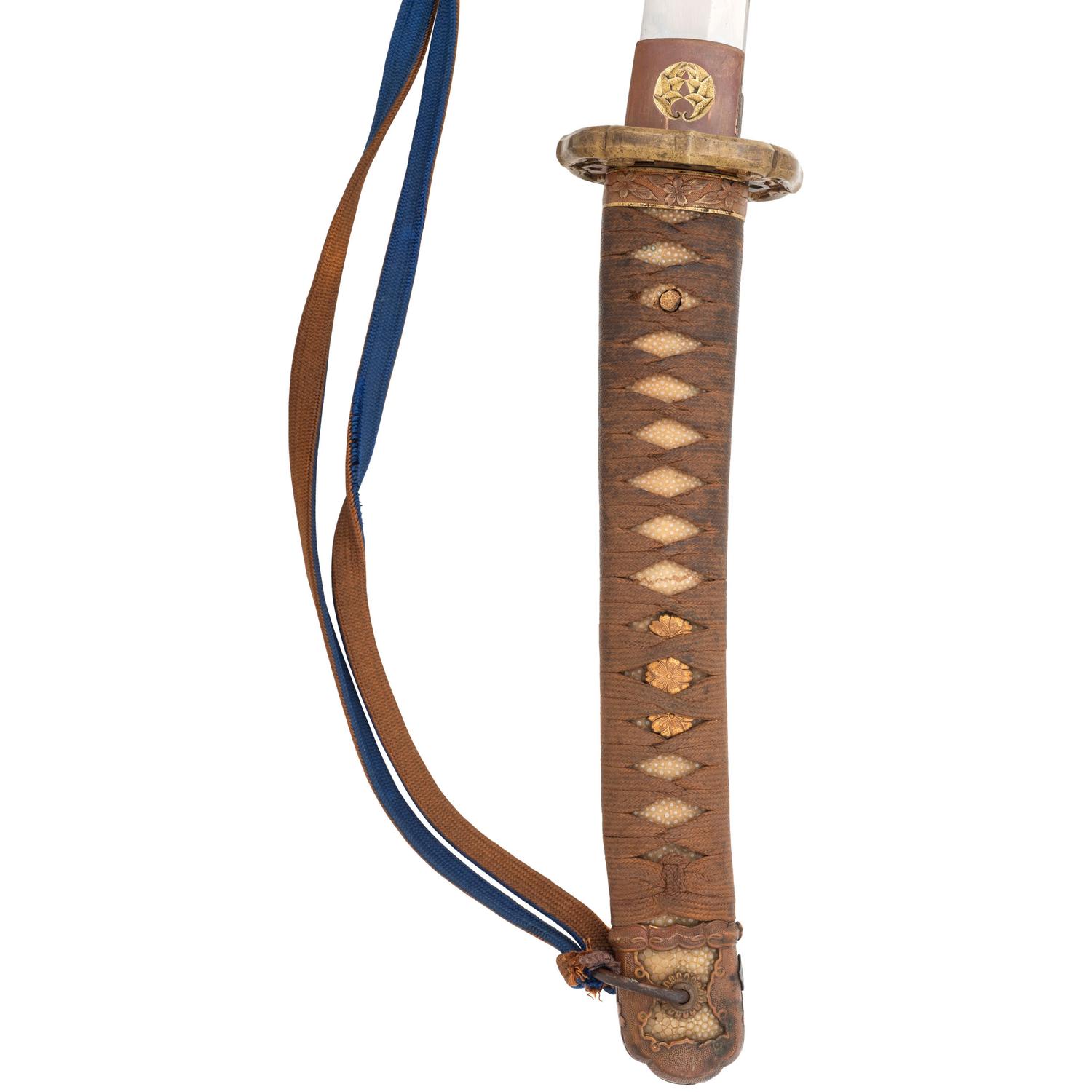 Signed WWII Japanese Shin Gunto with Officer's Sageo and Family Mons to Both Habaki and Kashira