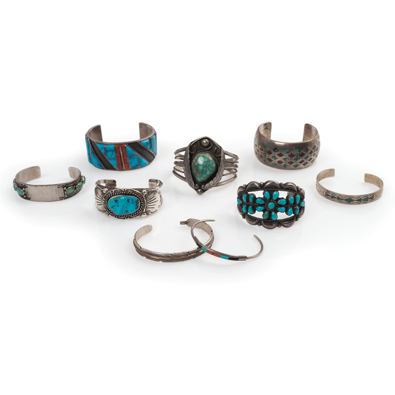 Navajo and Zuni Silver Cuff Bracelets, with Inlay