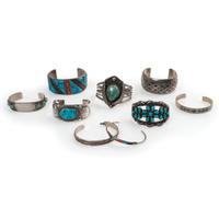 Navajo and Zuni Silver Cuff Bracelets, with Inlay