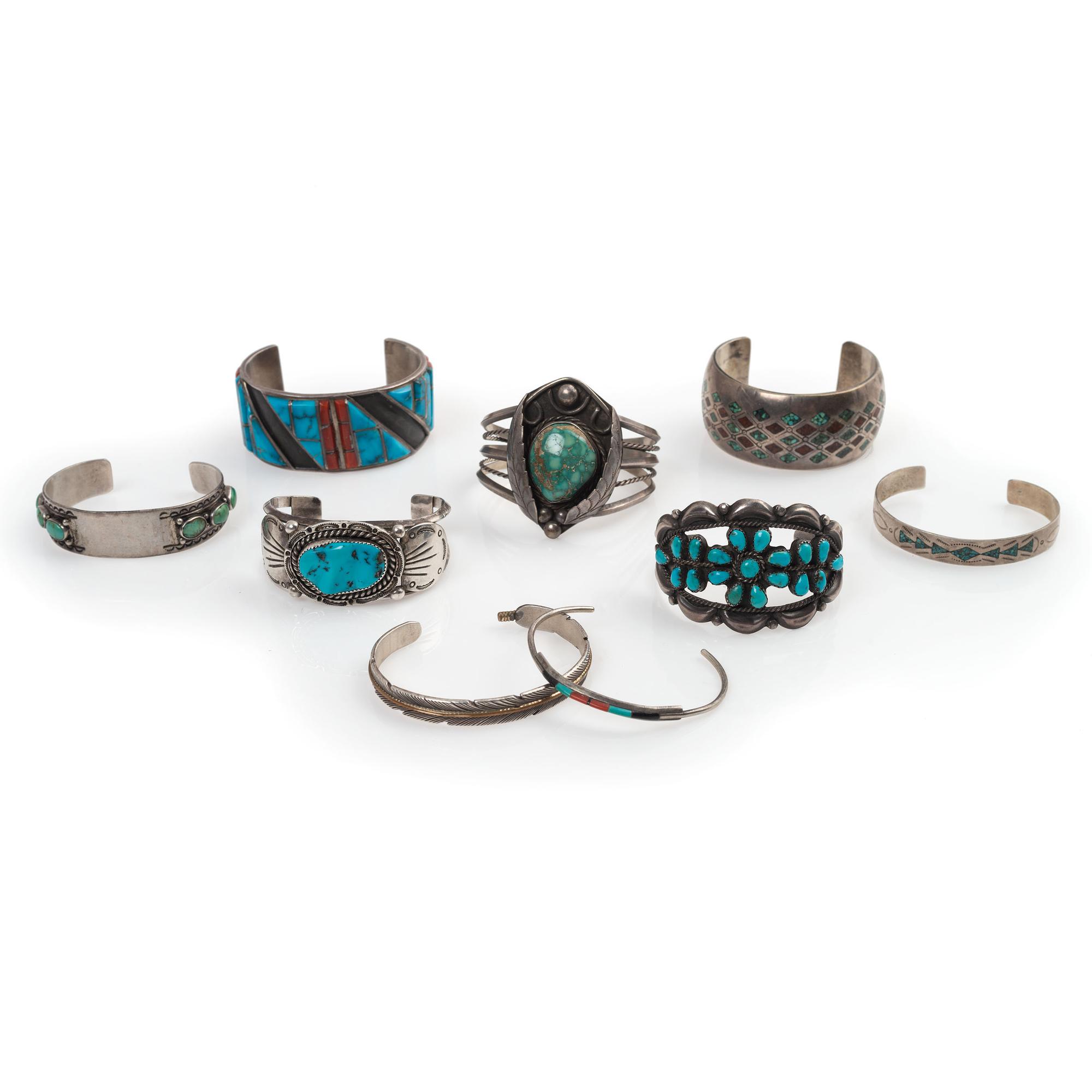 Navajo and Zuni Silver Cuff Bracelets, with Inlay