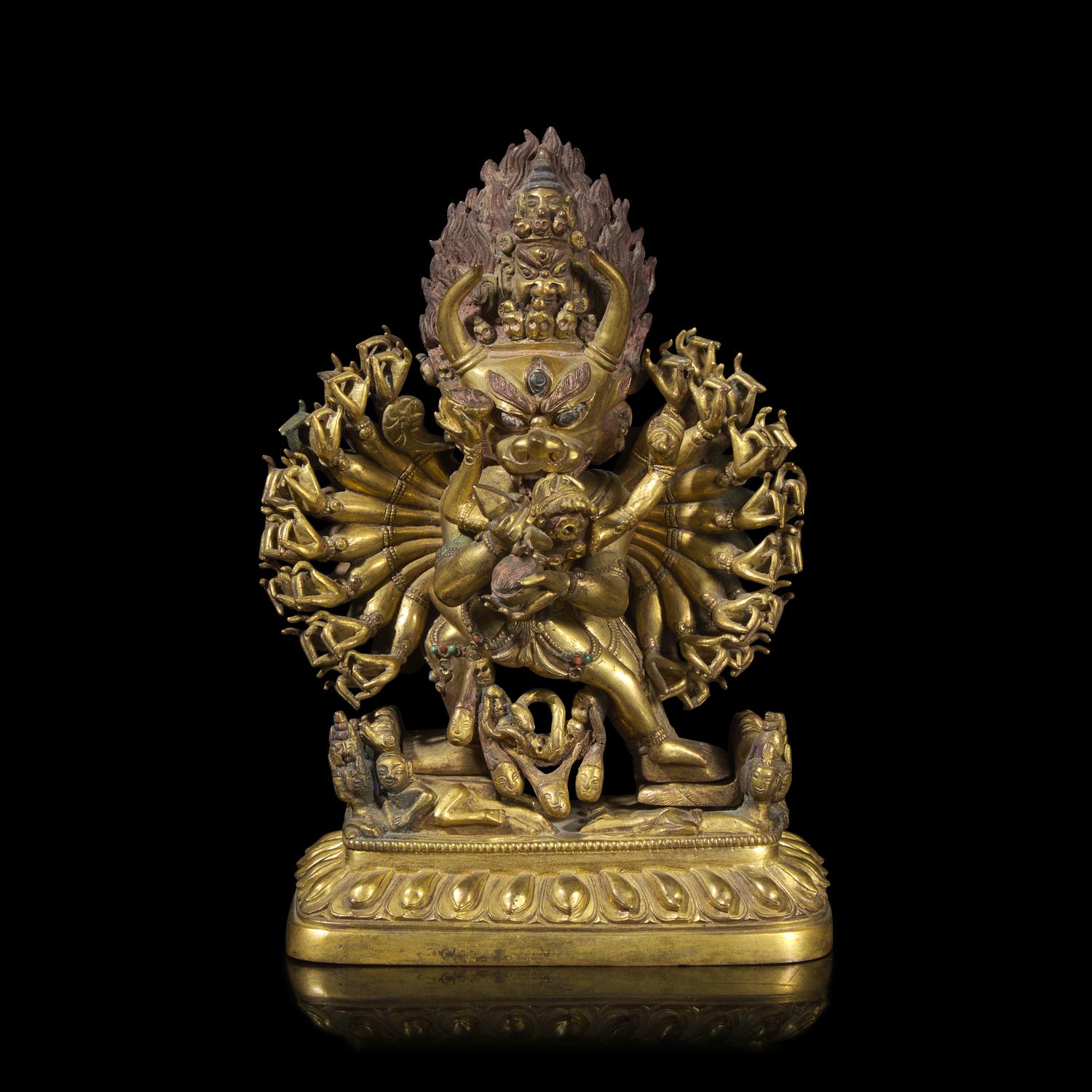 A Tibetan Gilt Bronze Figure of Yamantaka and Consort, 19th/20th Century — 晚清/近代 大威德金剛像