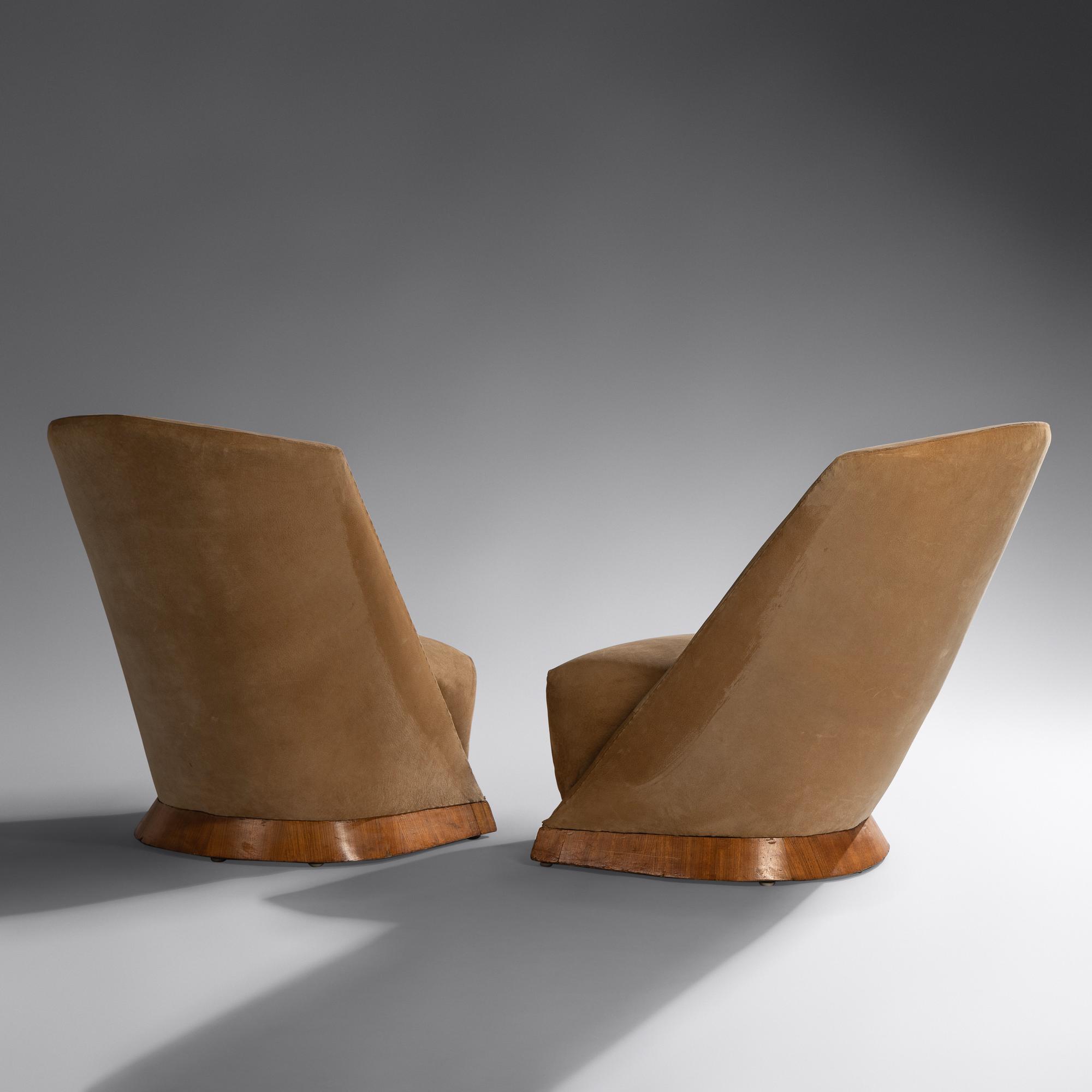 Pair of Art Deco Sueded Pig Skin and Zebra Wood Slipper Chairs
