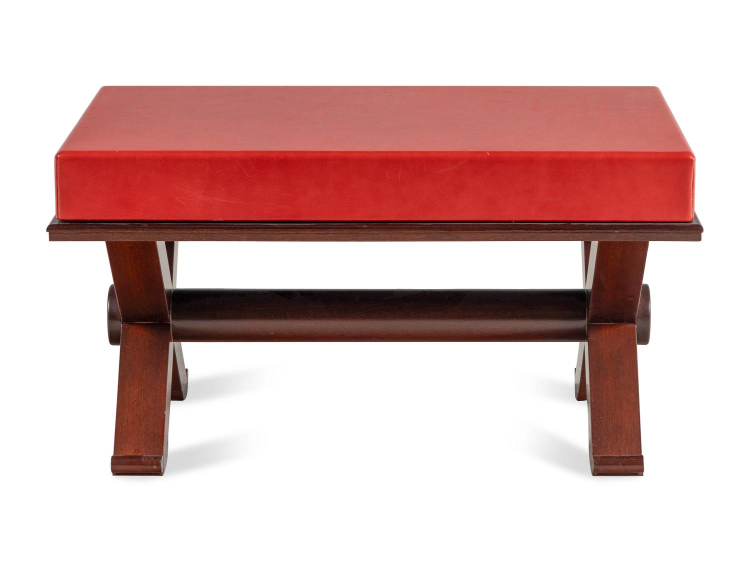 A Custom Red Leather-Upholstered Gilt Metal Stool