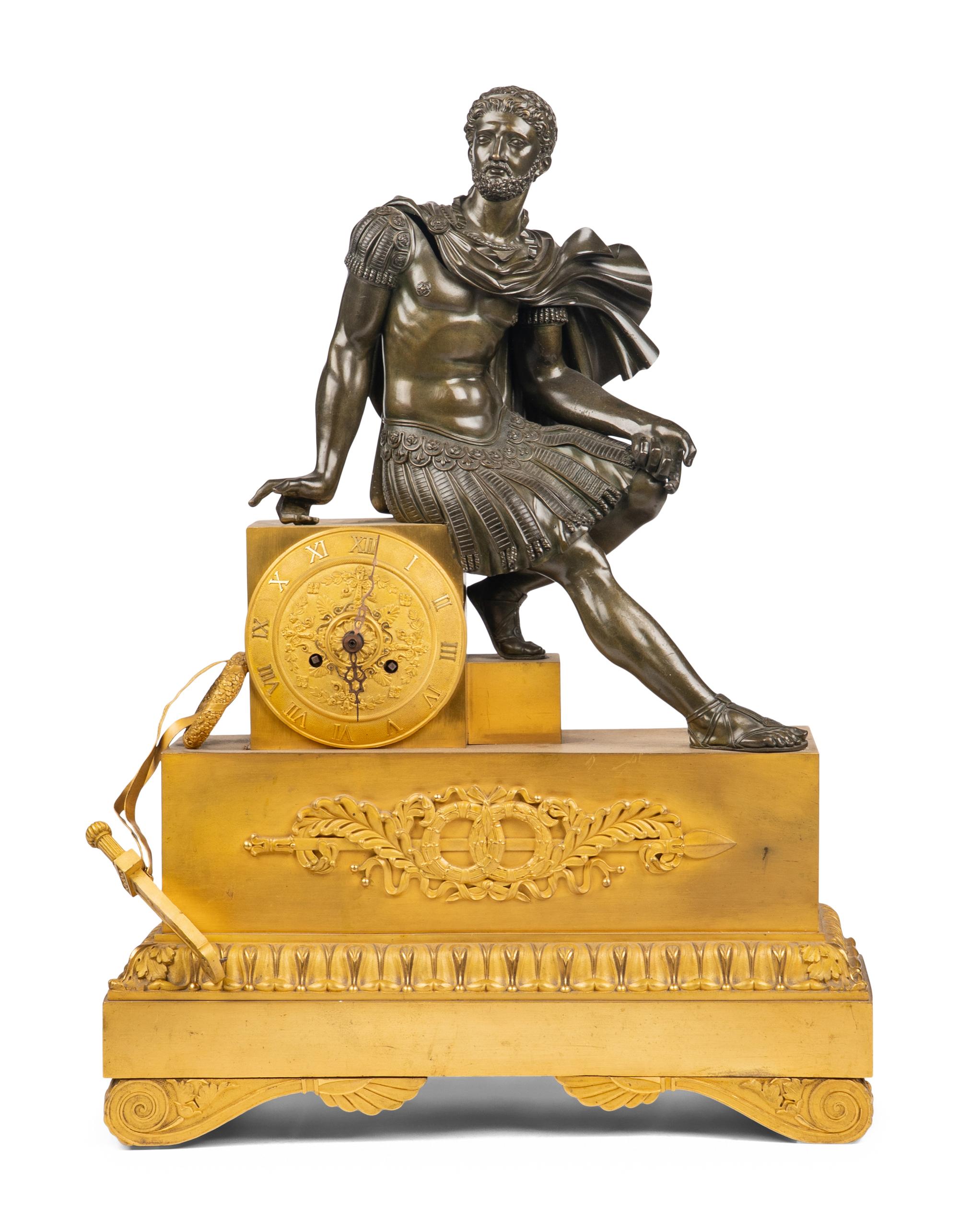 An Empire Gilt and Patinated Bronze Figural Mantel Clock