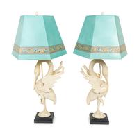 A Pair of White-Painted Carved Crane Lamps