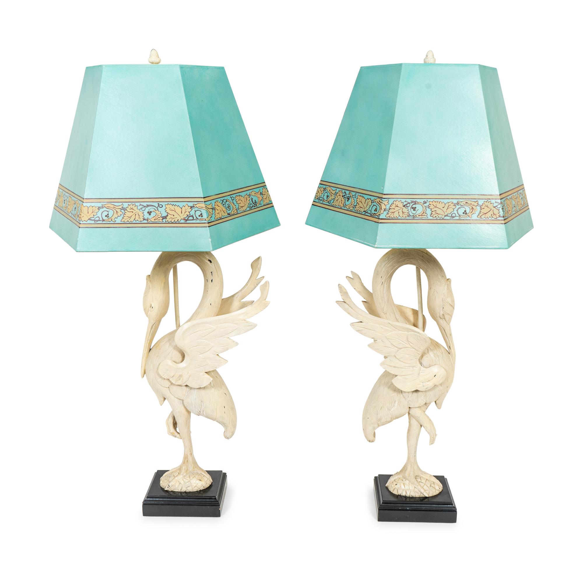 A Pair of White-Painted Carved Crane Lamps