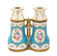 A Pair of French Enameled and Mother-of-Pearl Veneered Binoculars, Width 5 1/8 inches.