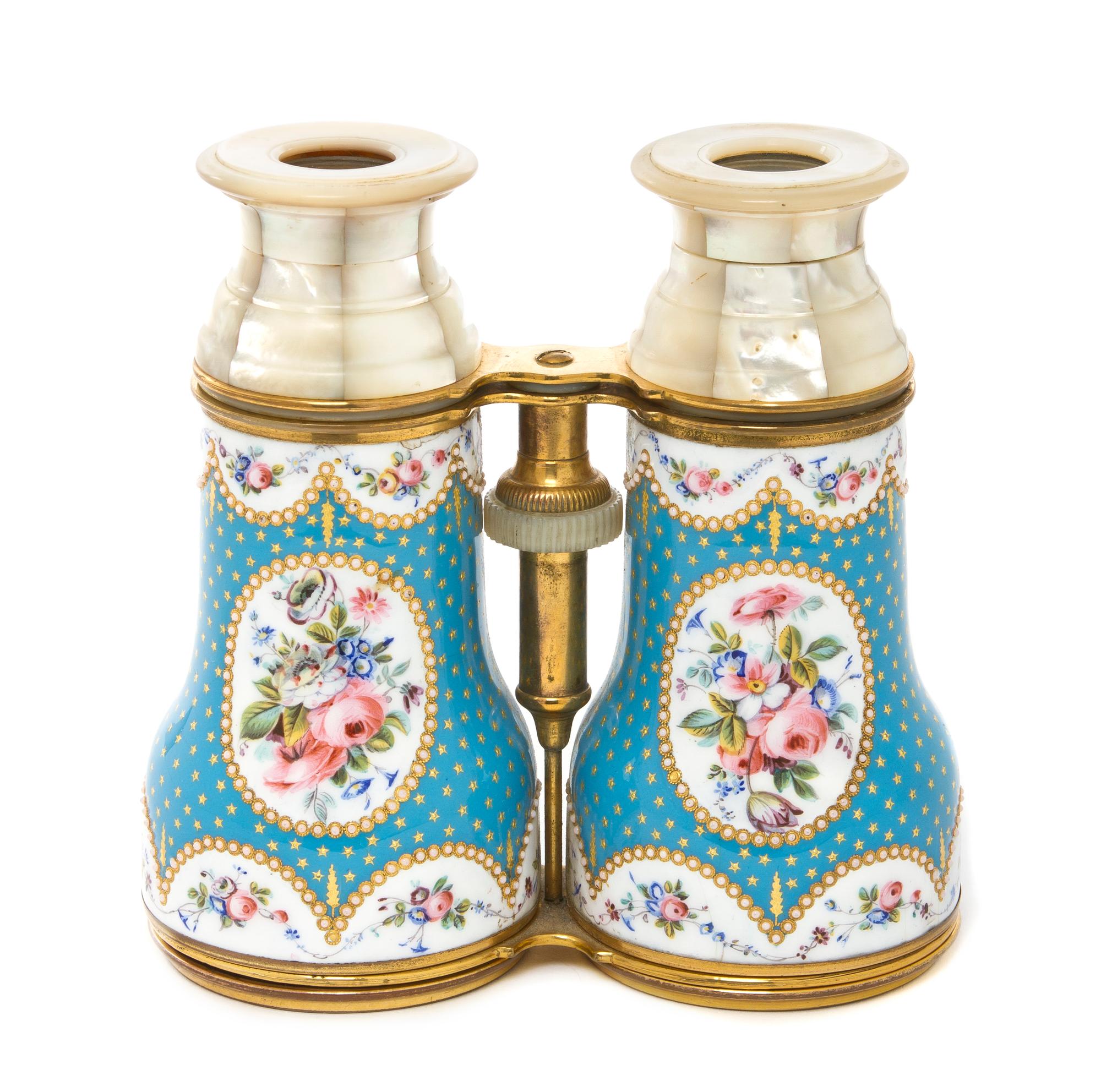 A Pair of French Enameled and Mother-of-Pearl Veneered Binoculars, Width 5 1/8 inches.