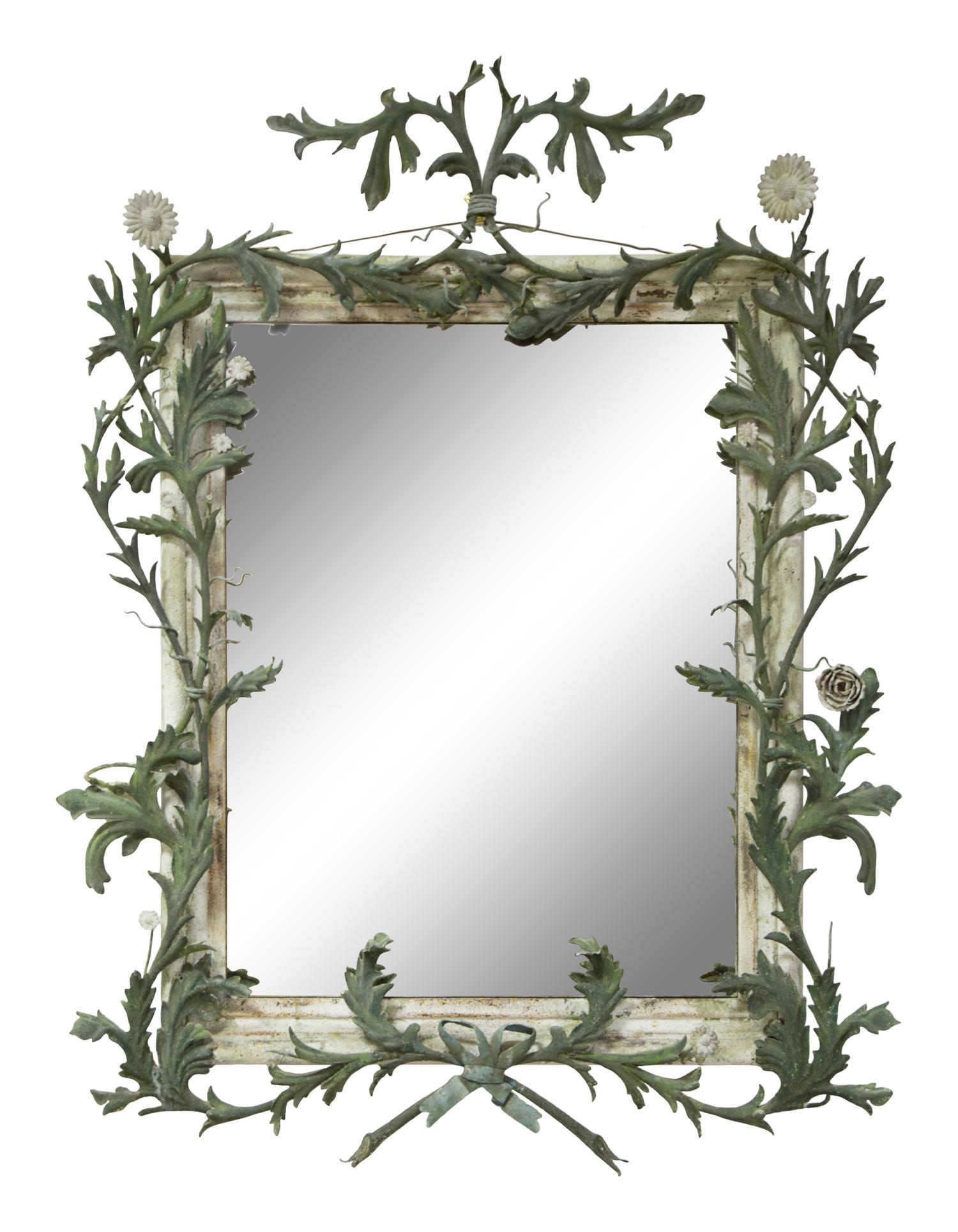 A Green Tole Peinte Foliate Mounted Mirror