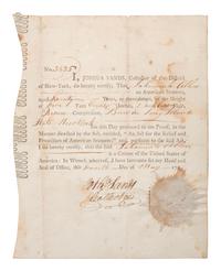 [NEW YORK]. SANDS, Joshua (1757-1835). Partially printed Seaman Protection document signed ("Josha. Sands, Collector"), as Collector of the Port of New York. [New York], 4 May 1799.
