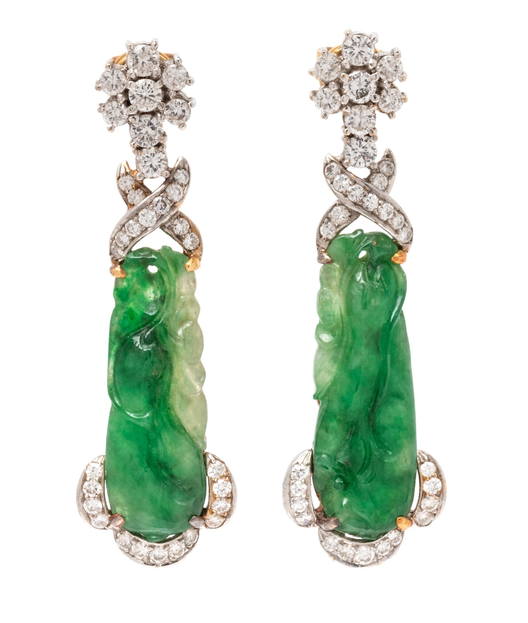 A Pair of Bicolor Gold, Jade and Diamond Convertible Earrings,