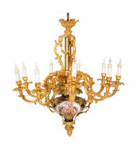A Pair of Sèvres Style Porcelain and Gilt Bronze Nine-Light Chandeliers