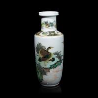A Chinese Famille Verte 'Geese' Porcelain Rouleau Vase, Qing Dynasty 清 五彩蘆塘秋雁圖棒槌瓶