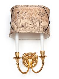 A Set of Three Gilt Metal Two-Light Sconces with Custom Shades