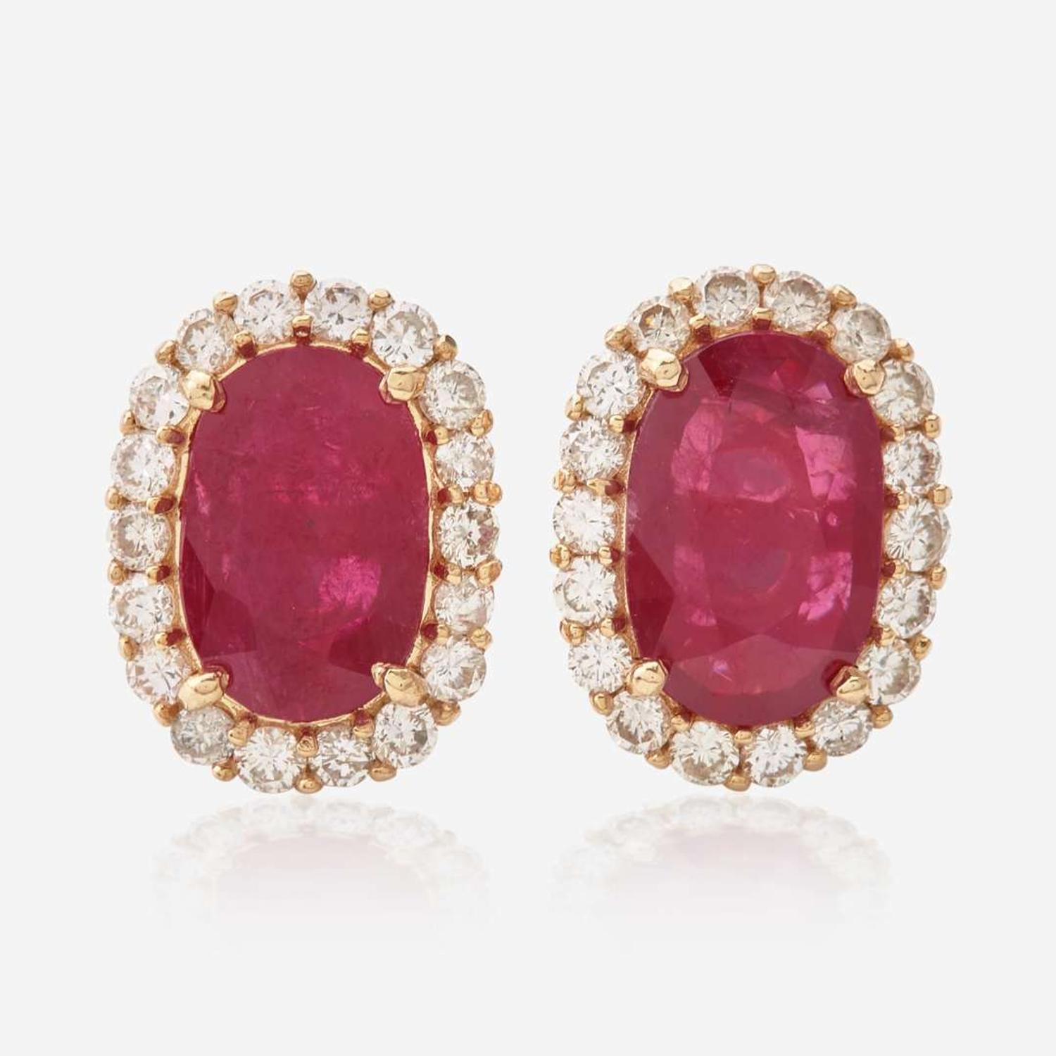 A Pair of 18K Gold, Ruby, and Diamond Earrings