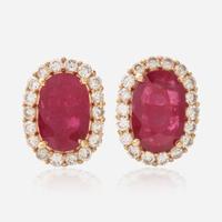 A Pair of 18K Gold, Ruby, and Diamond Earrings