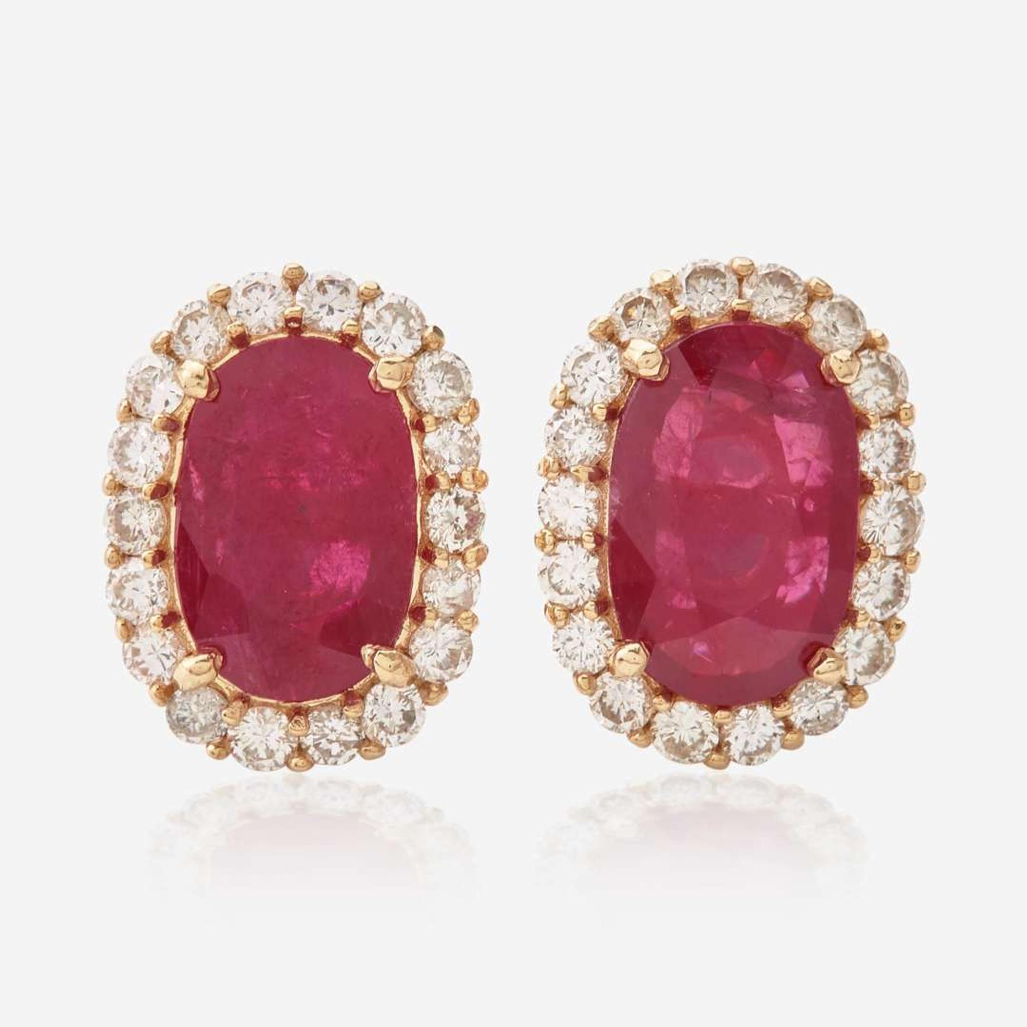 A Pair of 18K Gold, Ruby, and Diamond Earrings