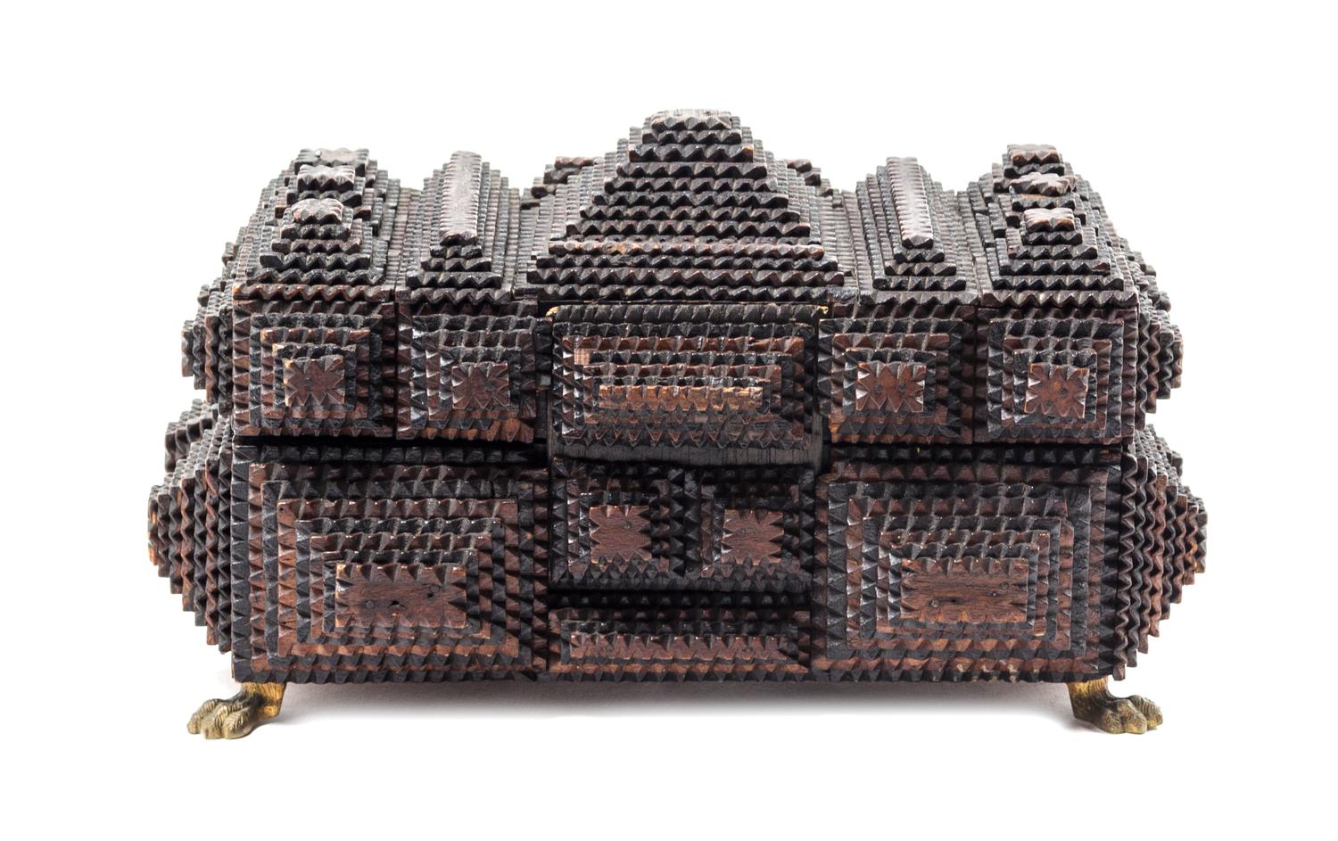 A Tramp Art Carved Wood Box Height 8 x width 13 x depth 7 1/2 inches. — 20TH CENTURY
