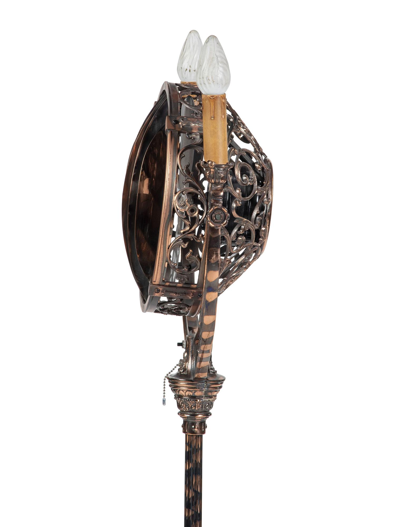 A Luminaire Cast and Patinated Metal Two-Light Funeral Parlor Fan