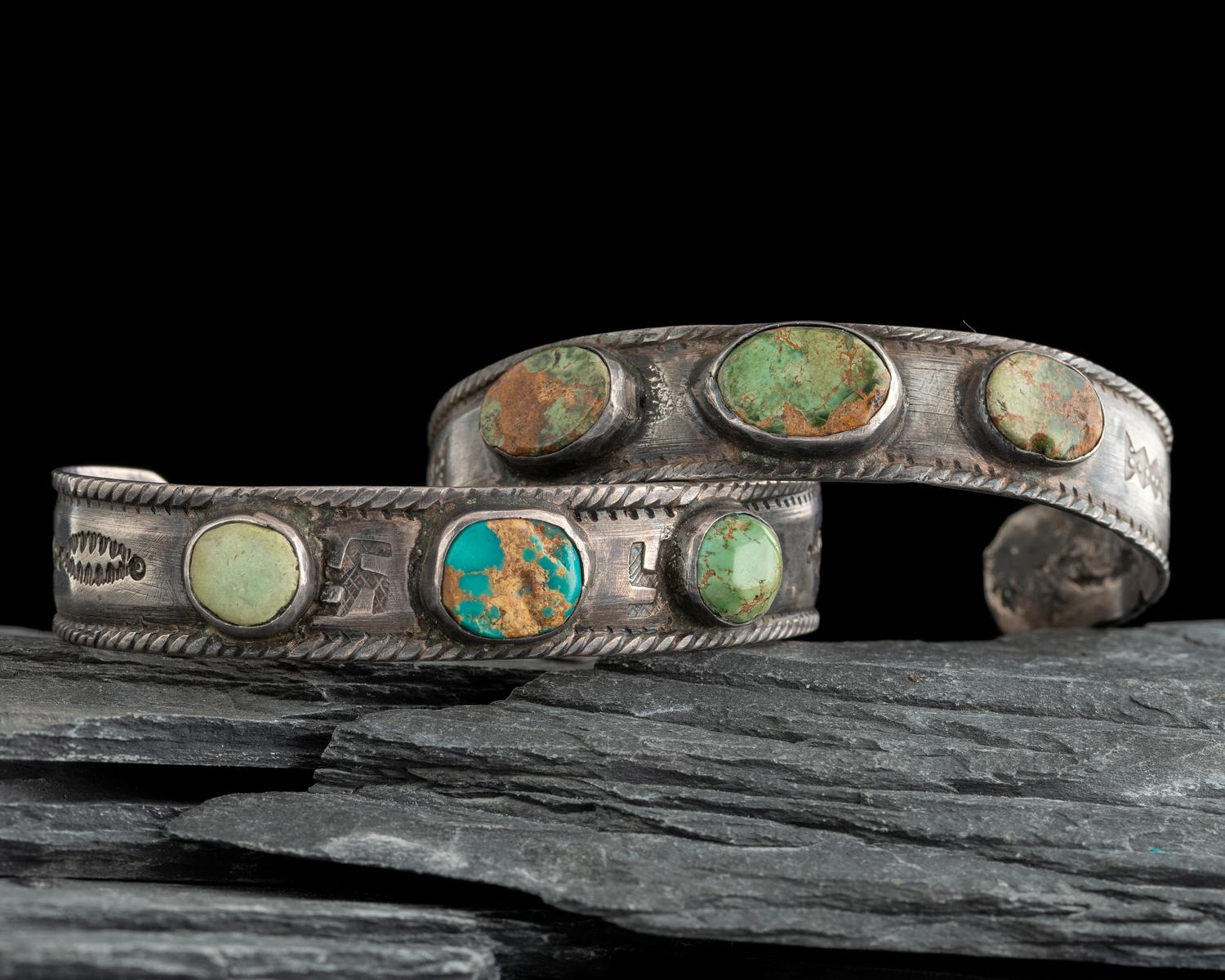 Pair of Navajo Ingot and Turquoise Cuff Bracelets