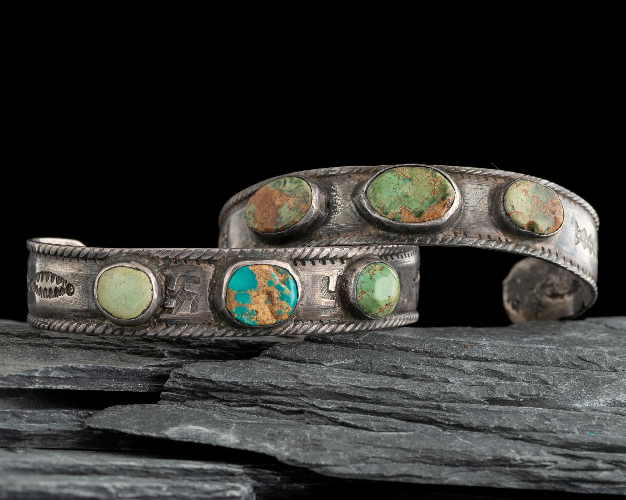 Pair of Navajo Ingot and Turquoise Cuff Bracelets
