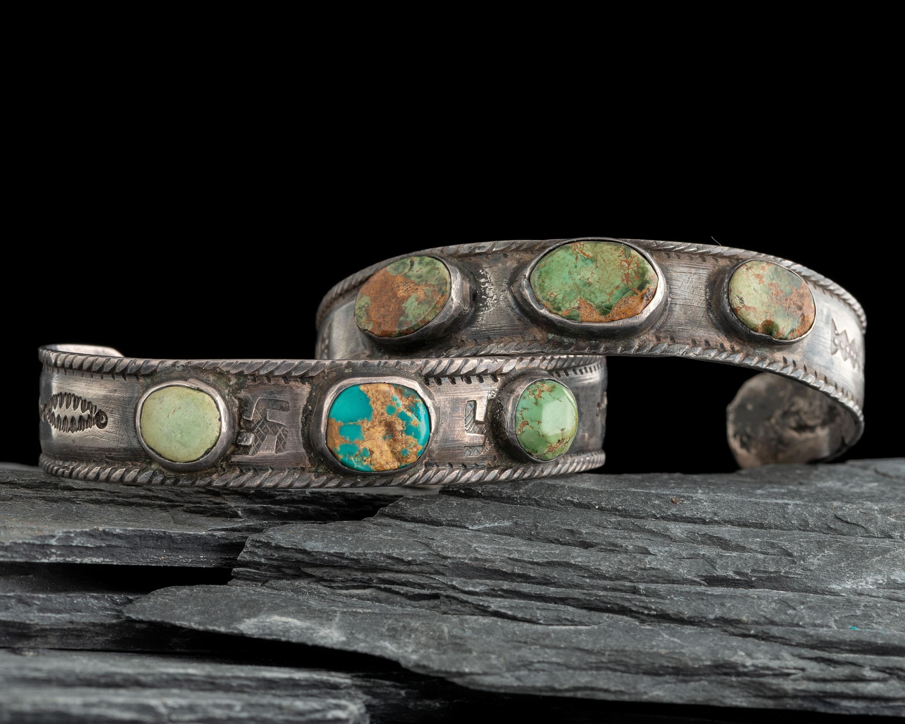 Pair of Navajo Ingot and Turquoise Cuff Bracelets