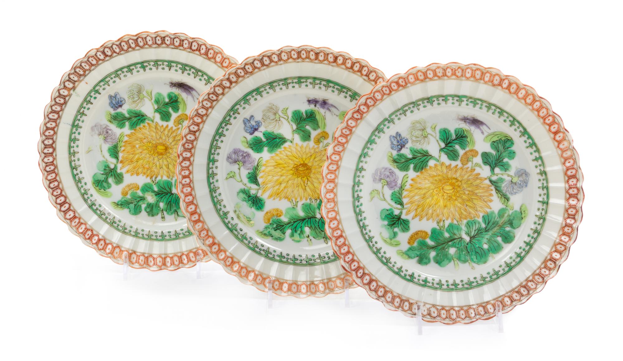 Three Chinese Export Polychrome Enameled Porcelain Plates Diameter 8 5/8 inches.