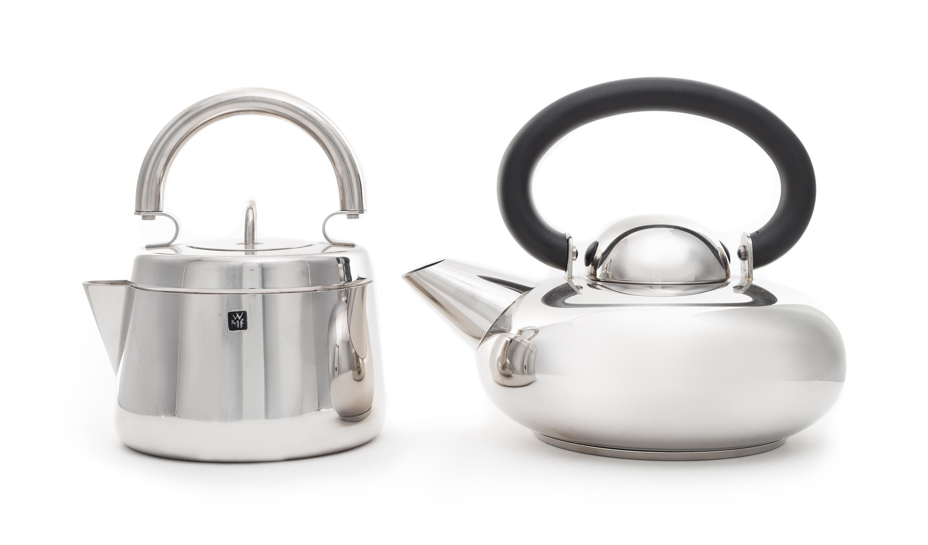 Two Stainless Steel Kettles Height of taller example 7 3/4 x width 9 1/2 inches. — WMF