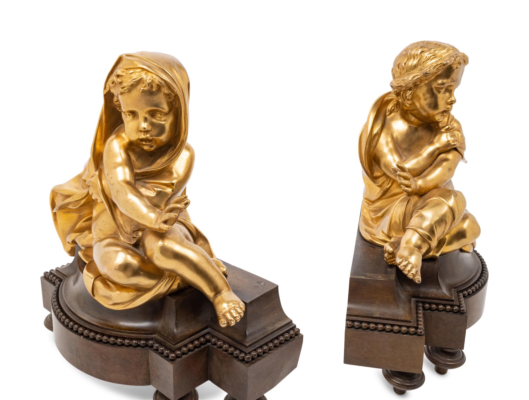 A Pair of French Gilt and Patinated Bronze Figural Chenets