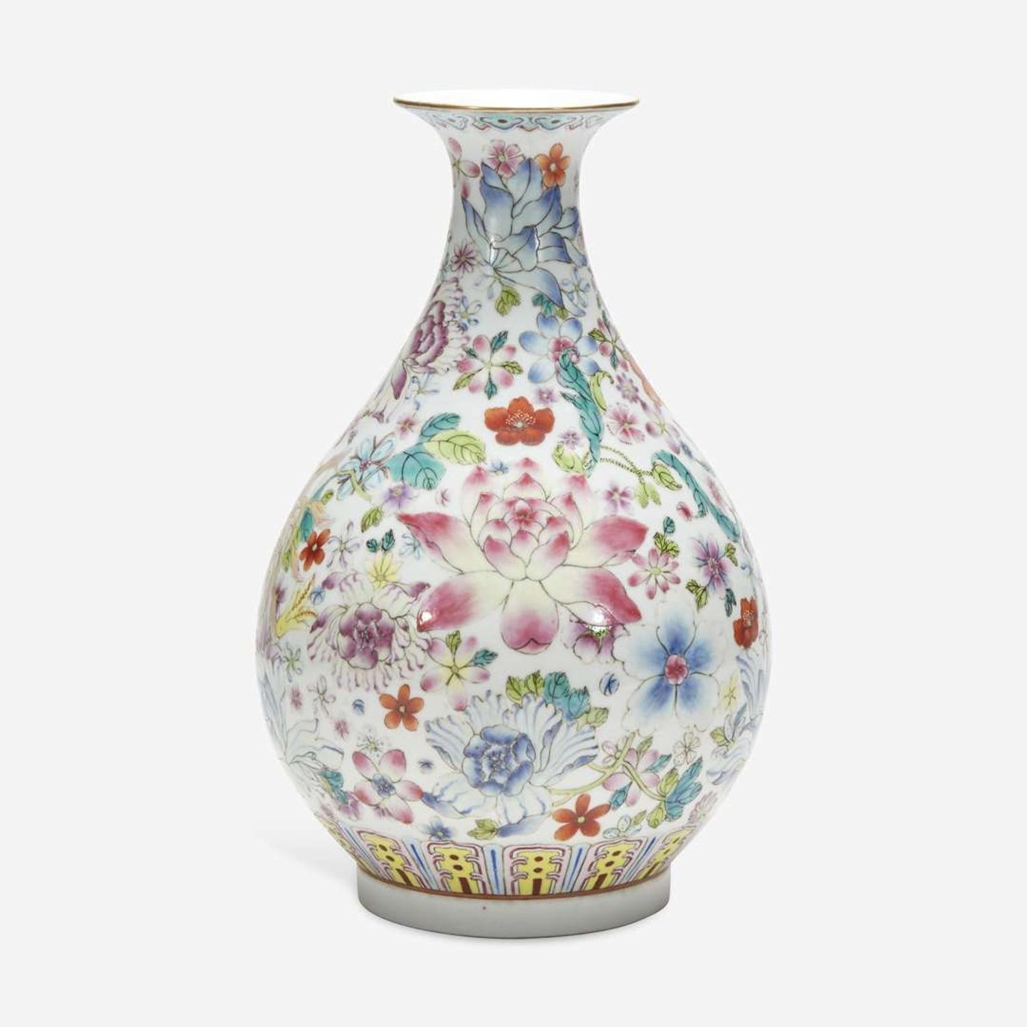 A Chinese famille rose-decorated "100 Flowers" vase, Yuhuchunping 粉彩百花瓶 Xuantong six-character mark and possibly of the period ????? ????