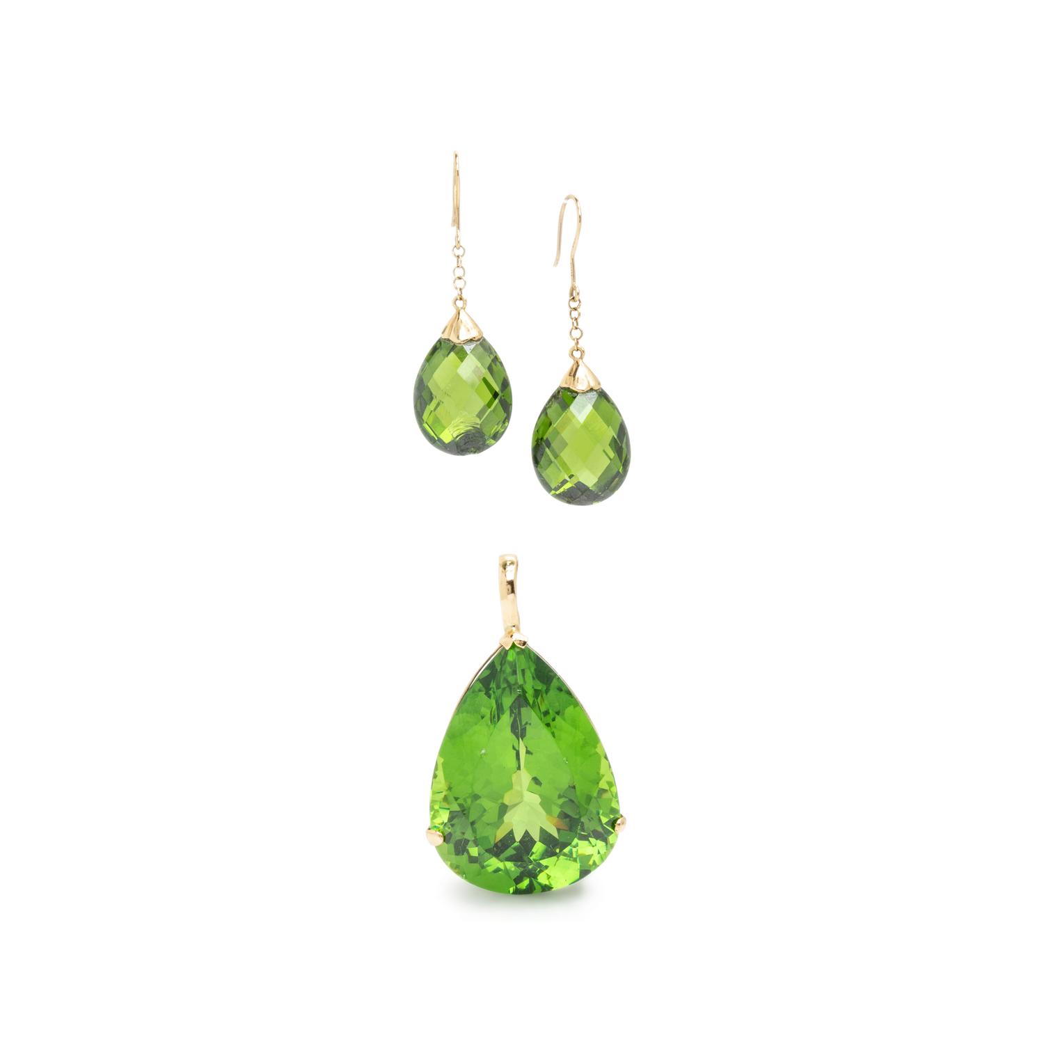 Yellow Gold and Synthetic Green Stone Pendant and Earrings