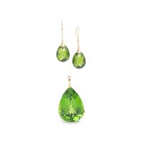 Yellow Gold and Synthetic Green Stone Pendant and Earrings