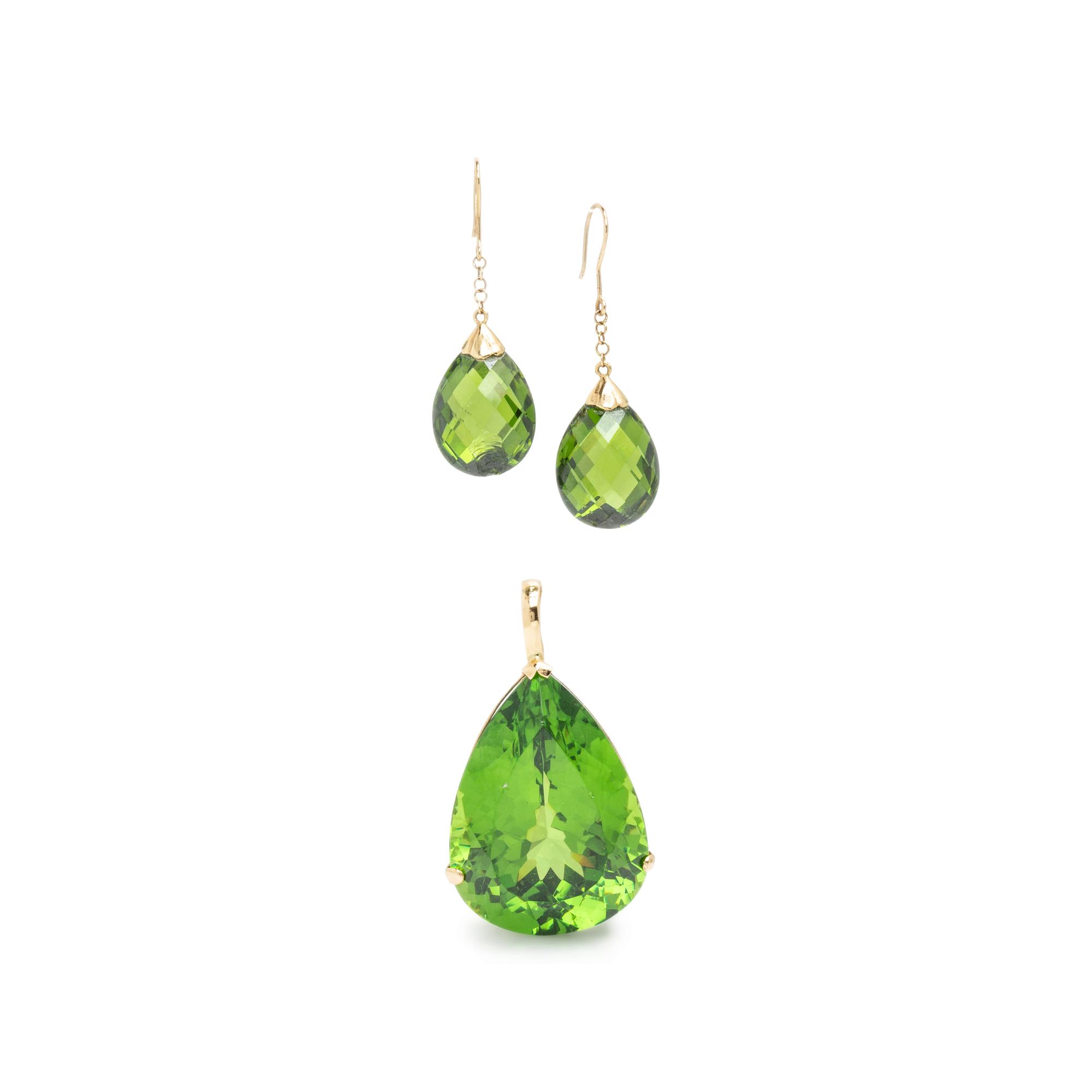 Yellow Gold and Synthetic Green Stone Pendant and Earrings