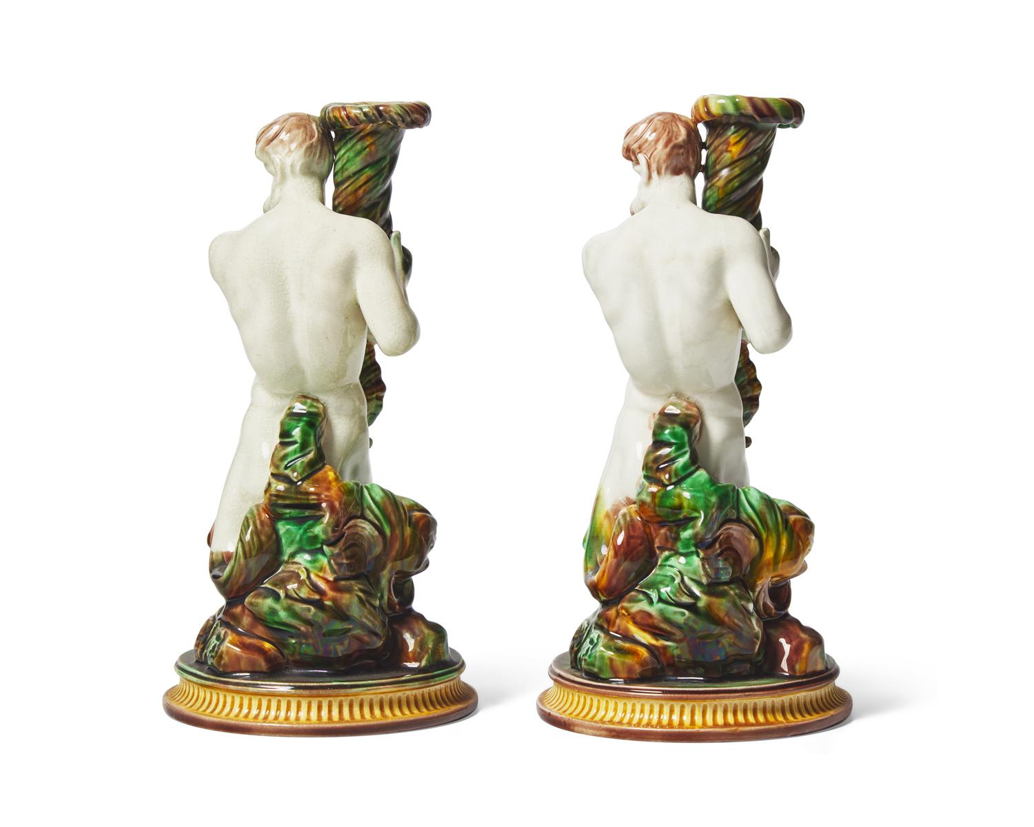 An Assembled Pair of Wedgwood Majolica Assembled Triton Candle Holders