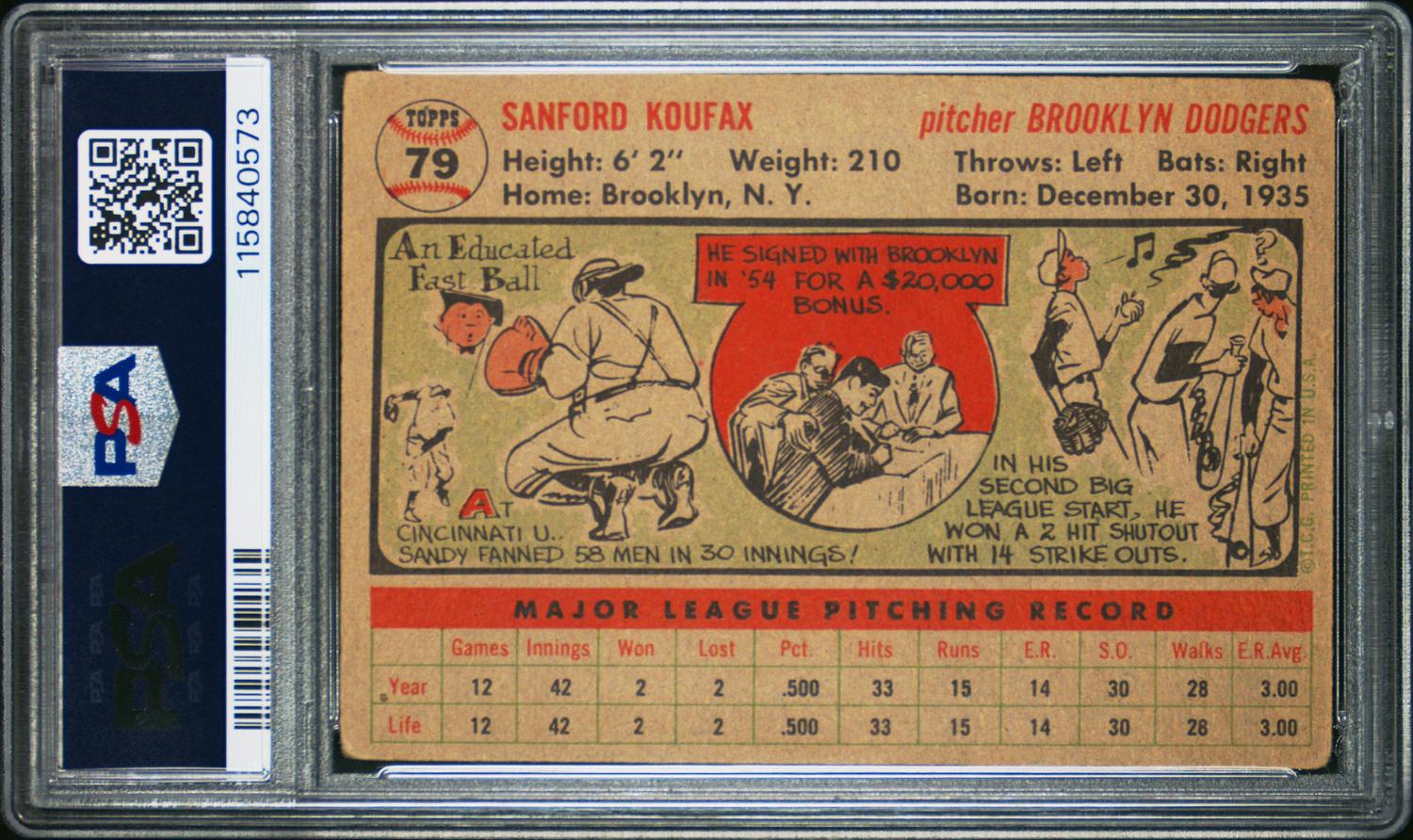 A 1956 Topps Sandy Koufax Baseball Card No. 79 - Gray Back (PSA 3 VG)