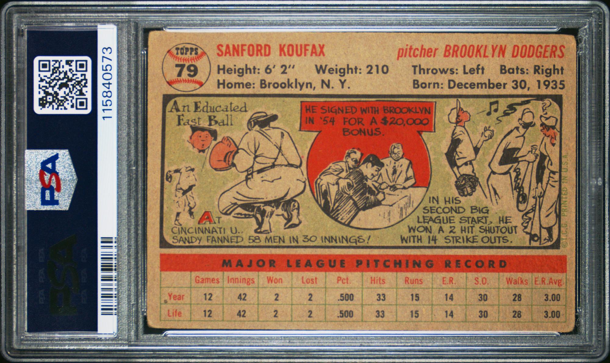 A 1956 Topps Sandy Koufax Baseball Card No. 79 - Gray Back (PSA 3 VG)