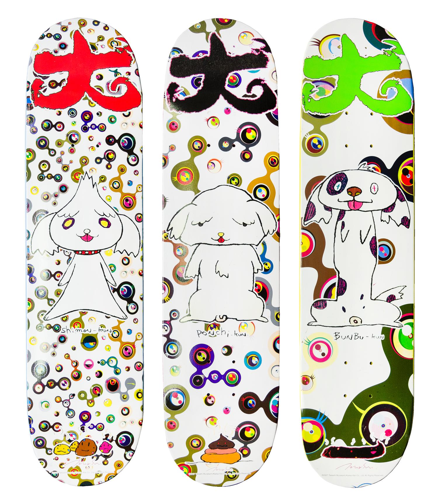 Takashi Murakami, (Japanese, b. 1962), Three Skateboard Decks by Supreme (BunBu-kun, Ponchi-kun, Shimon-kun), 2007