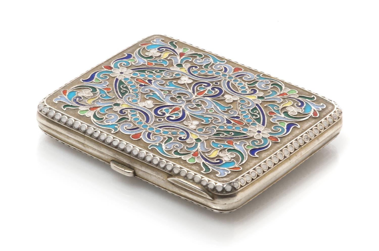 A Russian Silver and Enamel Cigarette Case, Mark likely of Vasilii Agafonov, Moscow, early 20th century, the case with polychrome flora