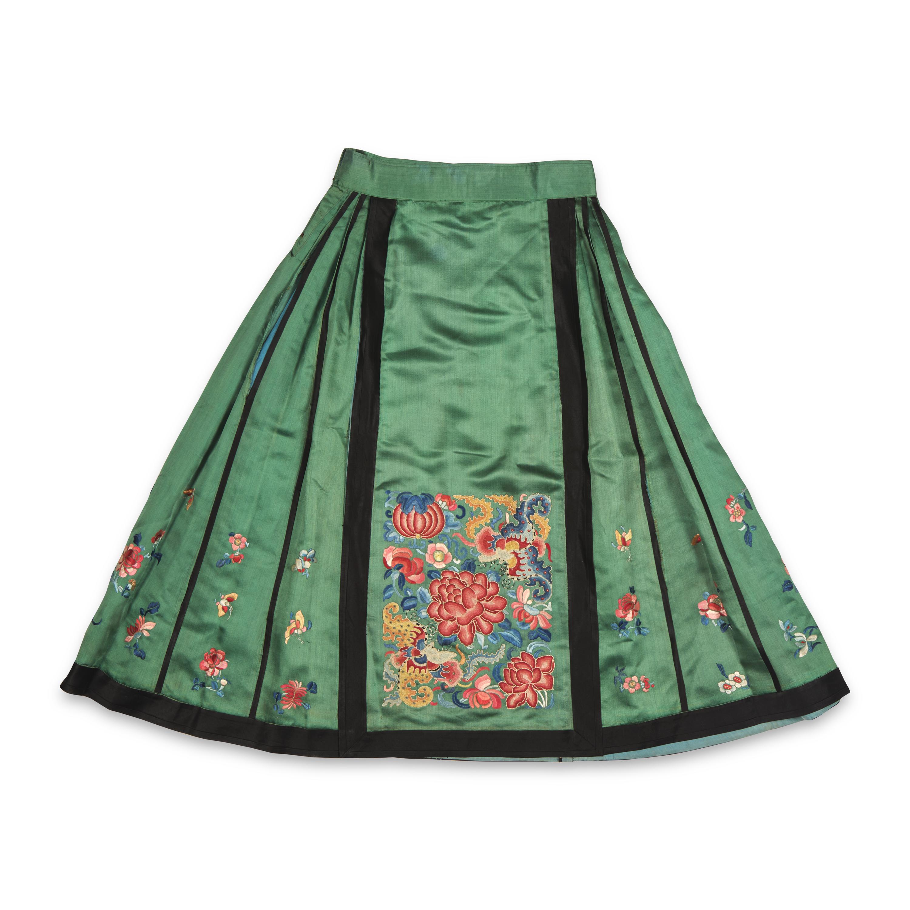 Two Chinese Silk 'Apron' Skirts and a Set of Skirt Ornaments, 19th-Early 20th Century 馬面裙兩件及裙飾一套
