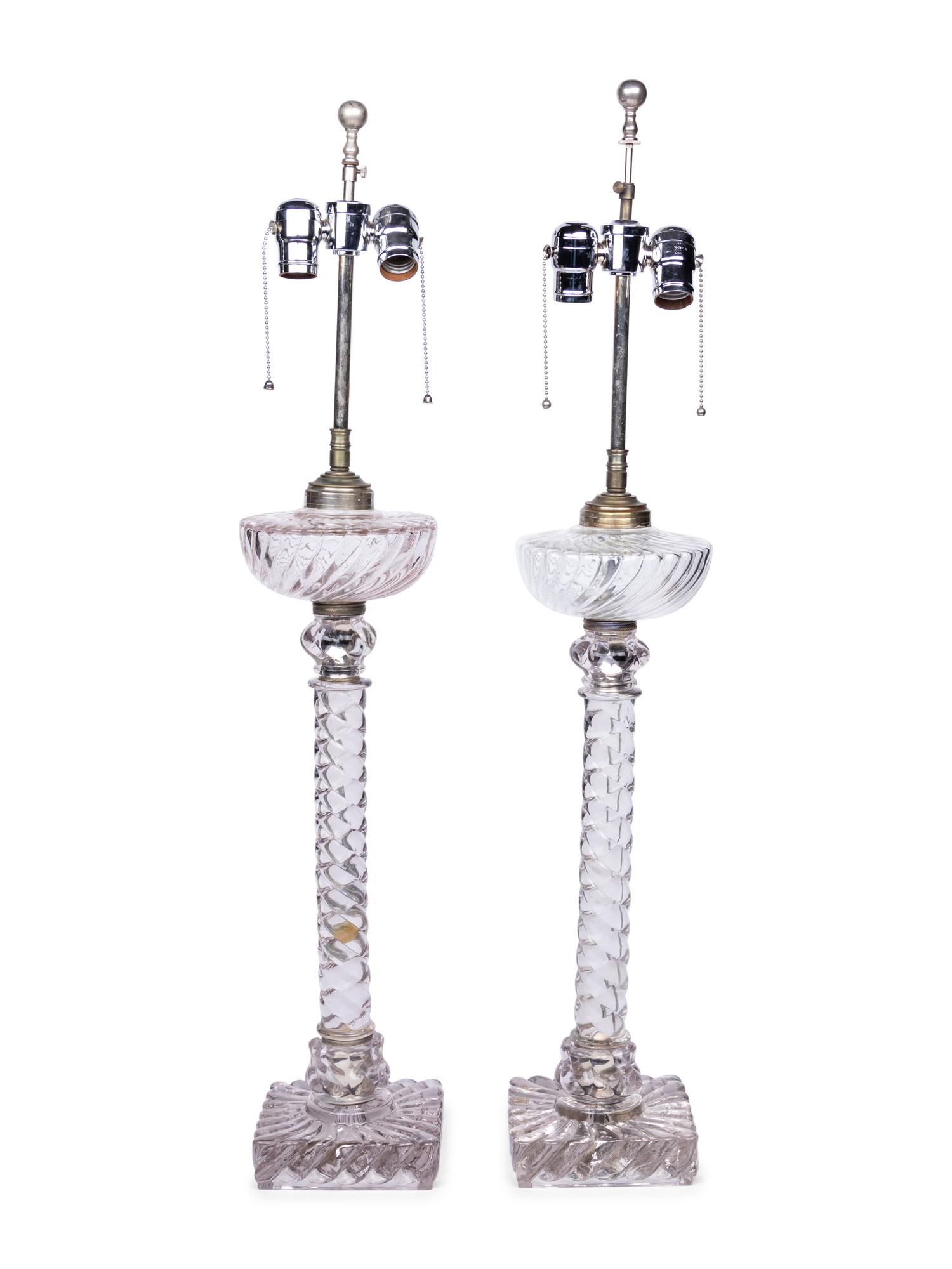A Pair of English Cut Glass Fluid Lamps Converted to Electricity