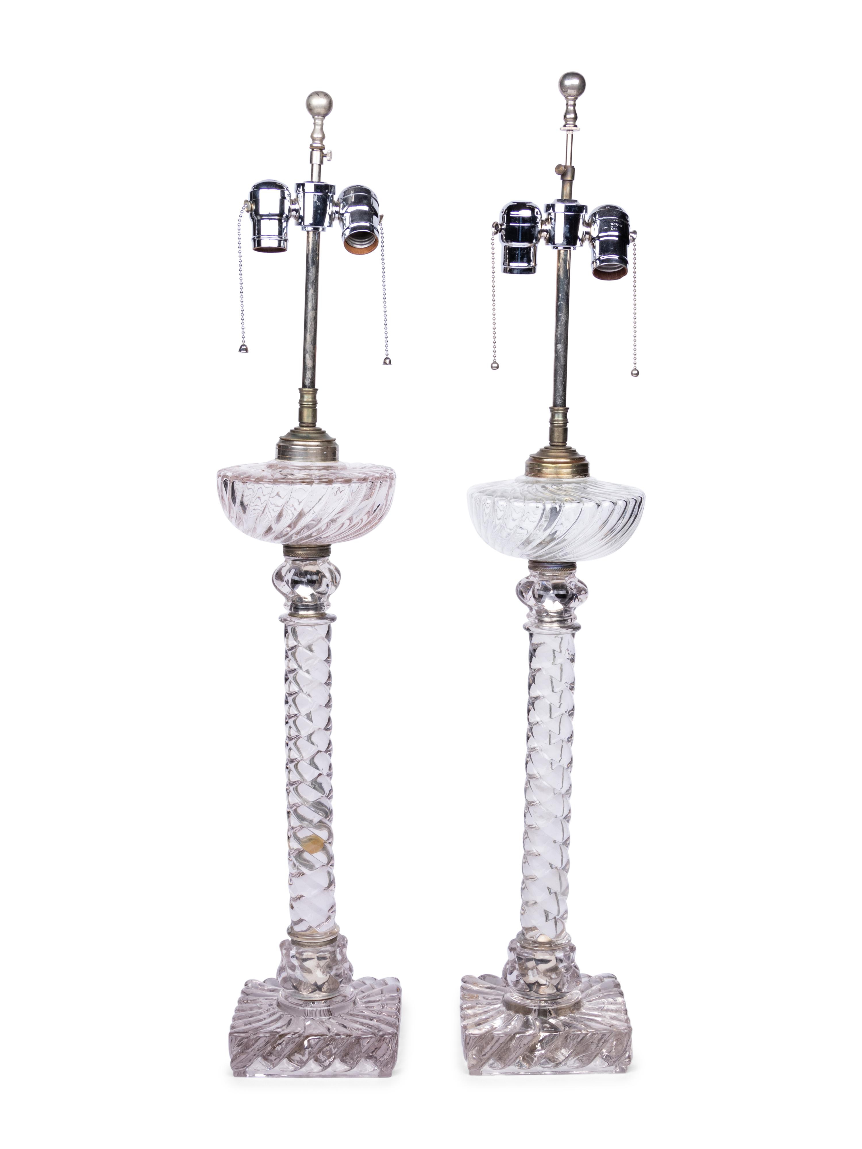 A Pair of English Cut Glass Fluid Lamps Converted to Electricity
