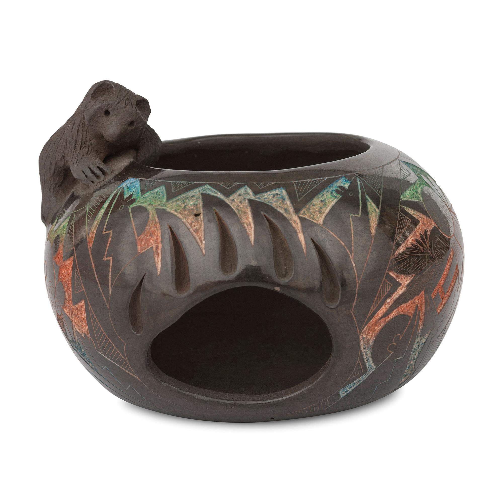Blackware Pottery Jar, with Polychrome Sgraffito Decorations