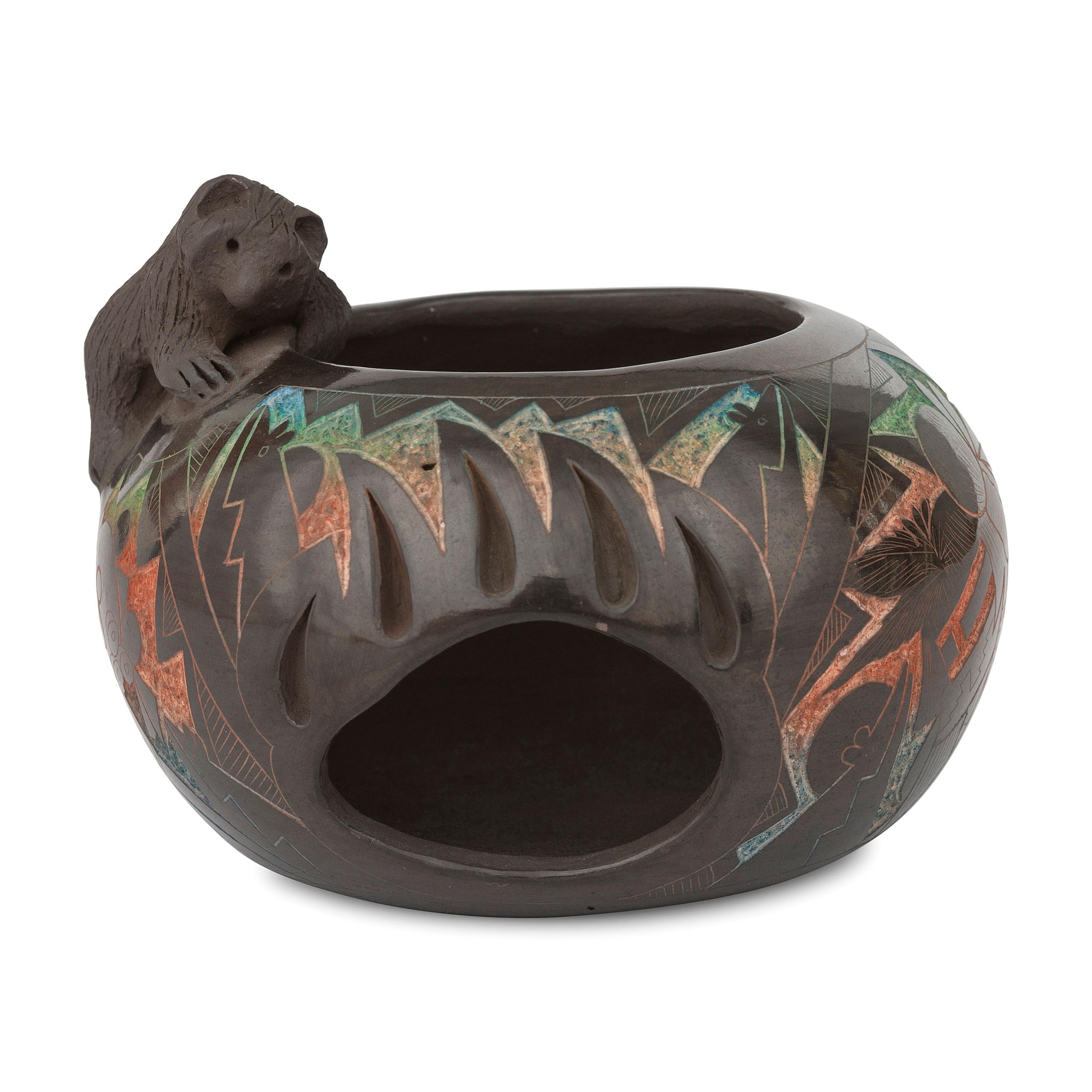 Blackware Pottery Jar, with Polychrome Sgraffito Decorations