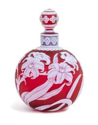 English, LATE 19TH CENTURY, a cameo glass perfume bottle, the bottle and stopper each of spherical form will allover foliate decoration