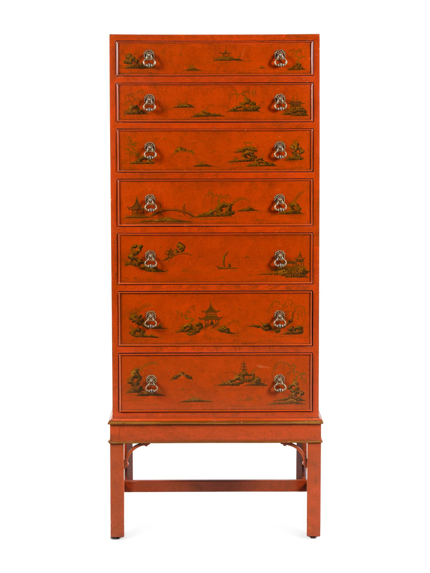 A Beacon Hill Old Colony Red-Japanned Tall Chest of Drawers